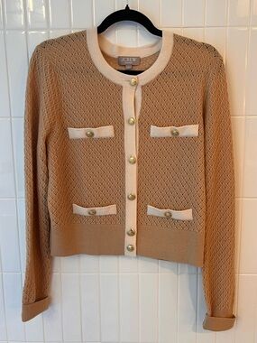 J.Crew 100% Cashmere Lady Pointelle Cardigan Camel Cream Gold Buttons Large